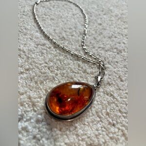 VINTAGE LARGE BALTIC AMBER PENDANT NECKLACE STERLING SILVER